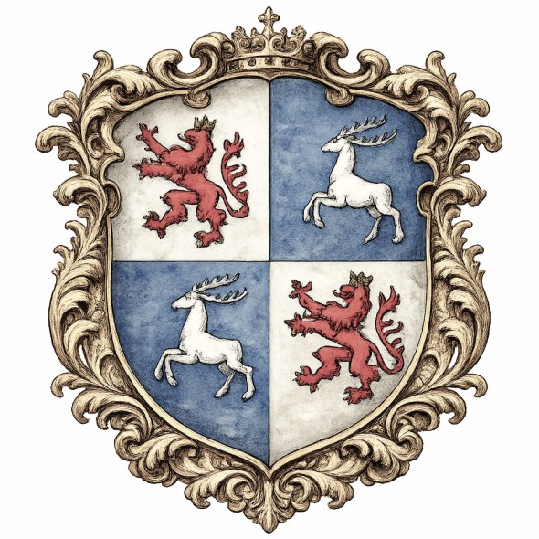 Historyczny herb Księstwa Kurlandii i Semigalii przedstawiający czwórdzielną tarczę z czerwonymi lwami Kurlandii oraz srebrnymi jeleniami Semigalii, symbol lennego księstwa Rzeczypospolitej Obojga Narodów z XVI do XVIII wieku.