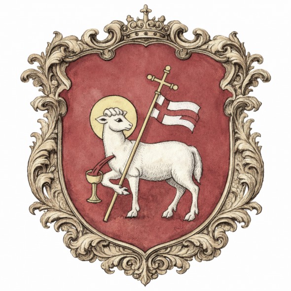 Herb Księstwa Warmińskiego przedstawiający srebrnego Baranka Bożego z chorągwią krzyżową i kielichem w czerwonym polu