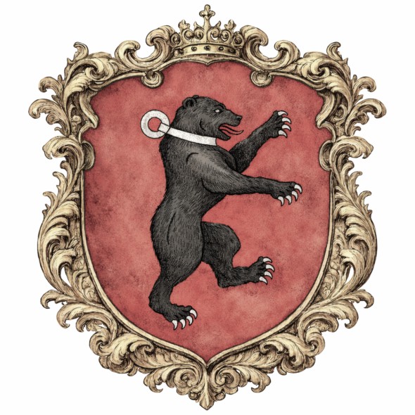 Herb Księstwa Żmudzkiego przedstawiający czarnego wspiętego niedźwiedzia ze srebrną obrożą w czerwonym polu tarczy. Historyczne godło ziemskie Wielkiego Księstwa Litewskiego oraz Rzeczypospolitej Obojga Narodów.