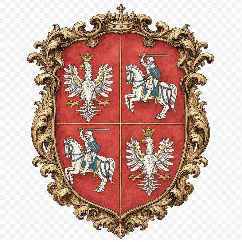 Artystyczna rekonstrukcja herbu Rzeczypospolitej Obojga Narodów z okresu panowania Zygmunta III Wazy, przedstawiająca czterodzielną tarczę z Orłem Białym Królestwa Polskiego i Pogonią Wielkiego Księstwa Litewskiego w ozdobnym kartuszu heraldycznym.