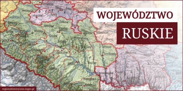 Mapa historyczna województwa ruskiego około 1619 roku z granicami administracyjnymi, miejscowościami, siecią rzeczną oraz ukształtowaniem terenu.