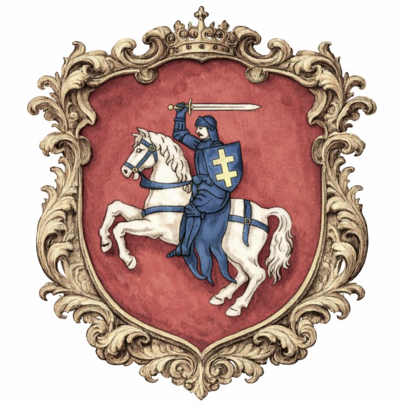 Historyczny herb województwa brzeskolitewskiego przedstawiający litewską Pogoń, srebrnego rycerza na koniu z uniesionym mieczem i tarczą z podwójnym krzyżem w czerwonym polu. Oficjalny znak województwa Wielkiego Księstwa Litewskiego w Rzeczypospolitej Obojga Narodów.