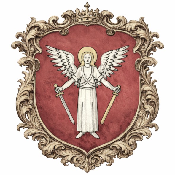 Herb województwa kijowskiego przedstawiający Archanioła Michała w czerwonym polu tarczy heraldycznej, historyczny znak województwa kijowskiego w Rzeczypospolitej Obojga Narodów od XVI do XVIII wieku.