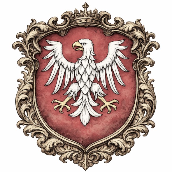 Historyczny herb województwa mazowieckiego z czasów Rzeczypospolitej Obojga Narodów, przedstawiający białego, nieukoronowanego orła w czerwonym polu tarczy heraldycznej, opracowanie na podstawie źródeł historycznych.