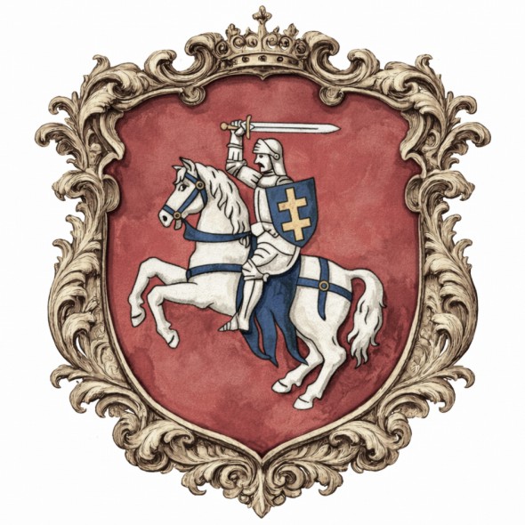 Herb województwa mścisławskiego przedstawiający litewską Pogoń, srebrnego rycerza na wspiętym koniu z uniesionym mieczem i tarczą z podwójnym krzyżem, na czerwonym polu tarczy, historyczny herb Wielkiego Księstwa Litewskiego w granicach Rzeczypospolitej Obojga Narodów.
