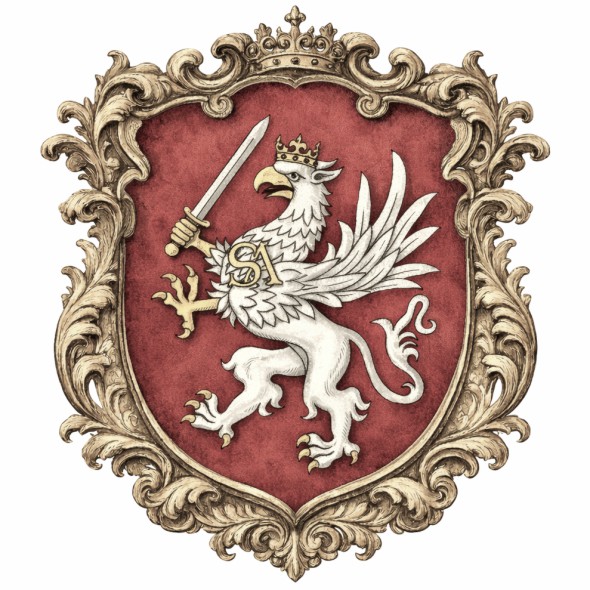 Herb województwa parnawskiego w dawnej Rzeczypospolitej przedstawiający srebrnego ukoronowanego gryfa z mieczem i monogramem SA na czerwonym polu tarczy. Artystyczna rekonstrukcja historycznego herbu Inflant z okresu Rzeczypospolitej Obojga Narodów.