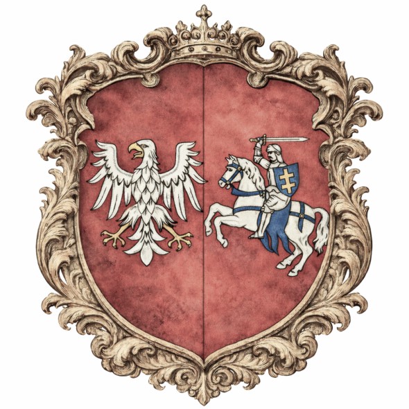 Artystyczna rekonstrukcja herbu województwa podlaskiego, Orzeł Biały i litewska Pogoń na czerwonej tarczy podzielonej w słup