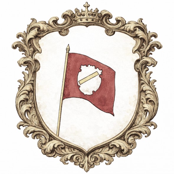 Herb województwa smoleńskiego z czasów Rzeczypospolitej Obojga Narodów przedstawiający czerwoną chorągiew z umieszczoną na niej srebrną tarczą i ukośną złotą laską, artystyczna rekonstrukcja historycznego znaku administracyjnego Wielkiego Księstwa Litewskiego.