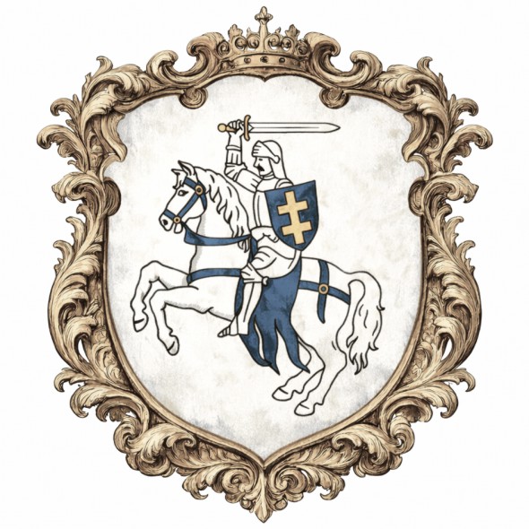 Artystyczna rekonstrukcja herbu województwa witebskiego z czasów Wielkiego Księstwa Litewskiego i Rzeczypospolitej Obojga Narodów, przedstawiająca litewską Pogoń, uzbrojonego rycerza na koniu z mieczem i tarczą z krzyżem jagiellońskim.